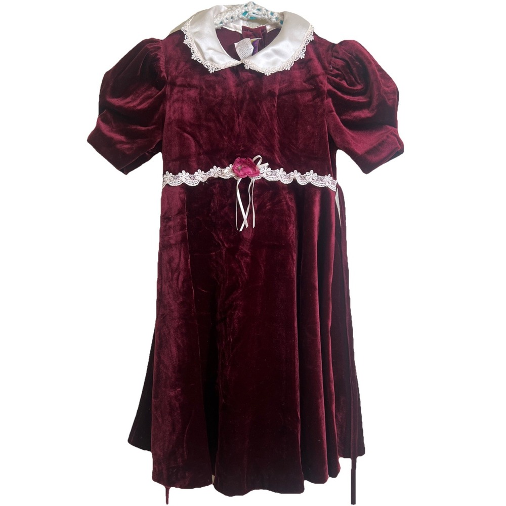 Vintage Emily West Girls Dress Size 6X Maroon Red Velvet Valour Holiday